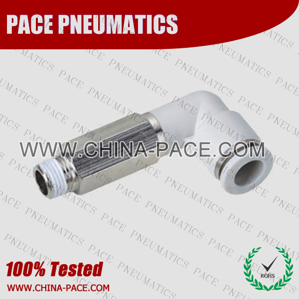 Grey White Composite Push To Connect Fittings Extended Male Elbow, Polymer Pneumatic Fittings, Plastic Air Fittings, one touch tube fittings, Pneumatic Fitting, Nickel Plated Brass Push in Fittings, pneumatic accessories.